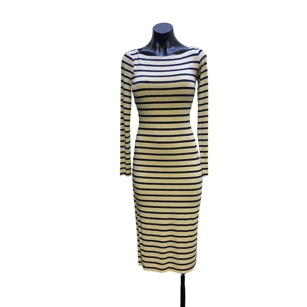 Nadia Tarr Navy & Cream Striped Long Sleeve Midi Dress Size Medium - Picture 1 of 6